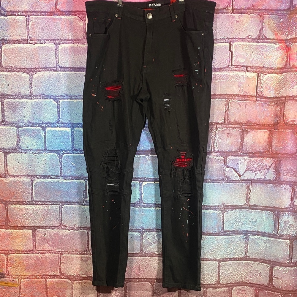 Makobi Distressed Paint Splatter Black Jeans Men’s 40x32 Streetwear Denim